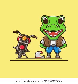 Cute dinosaur biker character logo. Abstract vector illustration. Isolated black background for t-shirt, poster, clothing.