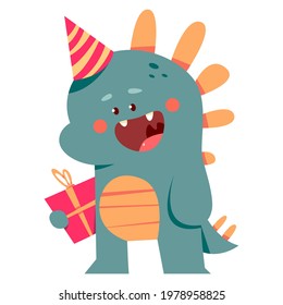 Cute dinosaur in birthday hat with gift box vector cartoon character isolated on a white background.