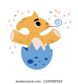 Cute Dinosaur at Birthday Party in Cracked Egg Shell Blowing Whistle Vector Illustration
