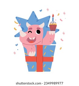 Cute Dinosaur at Birthday Party with Cupcake Appear out of Gift Box Vector Illustration
