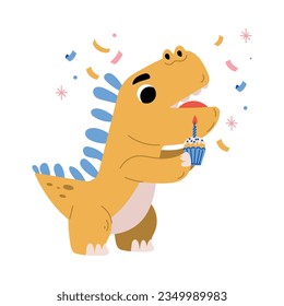 Cute Dinosaur at Birthday Party with Cupcake Vector Illustration