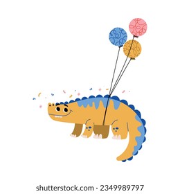 Cute Dinosaur at Birthday Party Flying with Bunch of Balloons Vector Illustration
