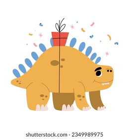 Cute Dinosaur at Birthday Party with Gift Box Vector Illustration