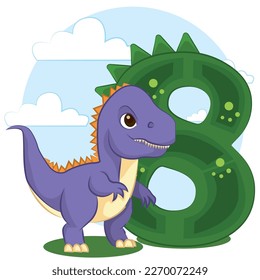 Cute dinosaur birthday party with numbering illustration. number six 8 with tyrannosaurus