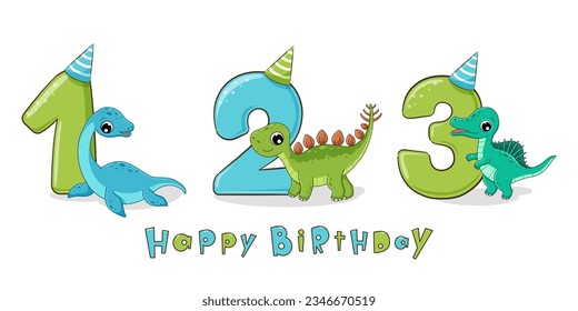 Cute dinosaur birthday party with numbers 1, 2, 3. First, second and third birthday.