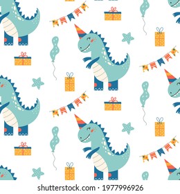 Cute dinosaur birthday seamless pattern. Prehistoric animal nursery print with balloons and cake. Baby dino texture for party and baby shower. Jurassic Vector background for invitation, wrap paper. 