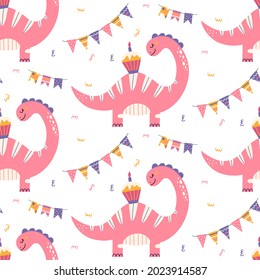 Cute dinosaur birthday seamless pattern. Prehistoric animal nursery print with balloons and cake. Baby dino texture for party and baby shower. Jurassic Vector background for invitation, wrap paper. 