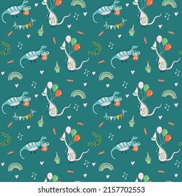 Cute dinosaur birthday seamless pattern. Abstract print for kids party and baby shower.  Vector background for decorating nursery, fabric, wrapping paper.