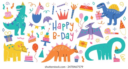 Cute dinosaur birthday set, vector illustration of happy party, collection with cake, gifts, balloons, and hats. Flat cartoon style, colorful doodles, playful characters, festive celebration elements