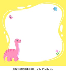 Cute dinosaur with a blot frame in hand-drawn cartoon style. Vector illustration of funny colorful character. Template for text or photo. Can be used for postcards, invitations, kindergarten