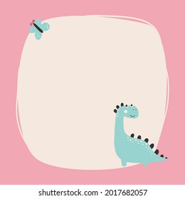 Cute dinosaur with a blot frame in simple cartoon hand-drawn style. Template for your text or photo. Ideal for cards, invitations, party, kindergarten, preschool and children