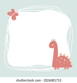 Cute dinosaur with a blot frame in simple cartoon hand-drawn style. Template for your text or photo. Ideal for cards, invitations, party, kindergarten, preschool and children