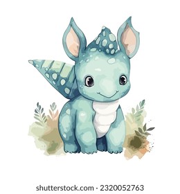 a cute dinosaur, blue in color, stands on a background of tropical leaves. Watercolor, cartoon style, isolated on background, vector