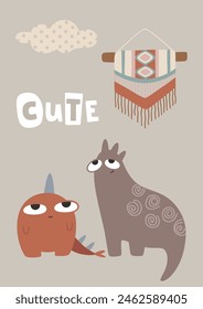 Cute dinosaur, boho concept. Template for banner, poster, notepad, printing. Vector illustration in flat modern style.