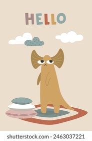 Lindo dinosaurio, concepto boho. Plantilla para Anuncio, póster, bloc de notas, impresión. Ilustración vectorial en estilo moderno plano.