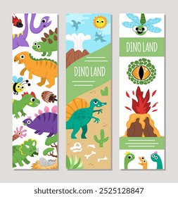 Marcadores de dinossauros bonitos definidos com Pterodactyl, Stegosaurus, Tyrannosaurus, Triceratops, T-Rex. Coleção de cartas verticais pré-históricas de desenhos animados vetoriais. Pacote de modelos de impressão de marca de livro
