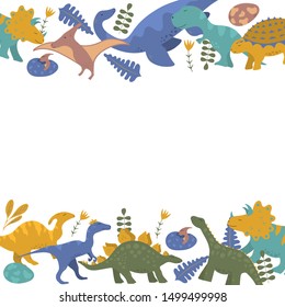 Cute dinosaur border frame for kids invitation card with rex, raptor and pterodactyl. Vector isolated floral funny colorful dino background with ankylosaurus.