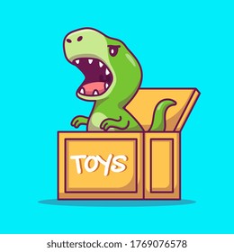 Cute Dinosaur In Box Cartoon Vector Icon Illustration. Animal Icon Concept Isolated Premium Vector. Flat Cartoon Style