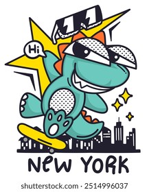 Desenho animado bonito menino dinossauro jogando skate na cidade de nova york isolado no vetor de ilustração de fundo branco.