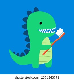 Cute dinosaur brushing teeth cartoon character in flat design. Dental care.