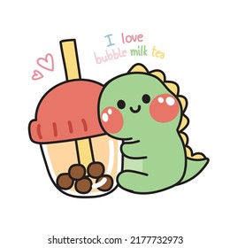 Cute dinosaur with bubble milk tea cartoon.Beverage hand drawn.Image for card,poster,baby clothing.Kawaii.Vector.Illustration.