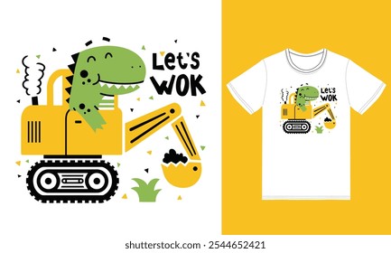 Cute dinosaur in bulldozer illustration with tshirt design vector the Concept of Isolated Technology. Flat Cartoon Style Suitable for Landing Web Pages,T shirt, Flyers, Stickers