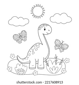 Cute dinosaur and butterfly sketch. Black outline childish animal for coloring pages
