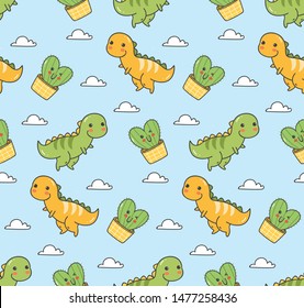 Cute dinosaur and cactus seamless background