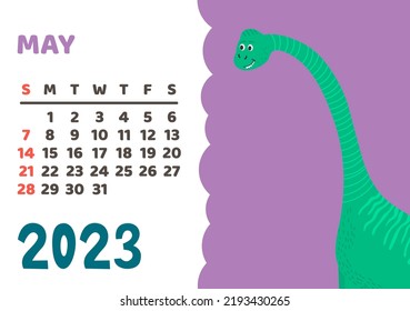 Cute dinosaur calendar template for children series. May