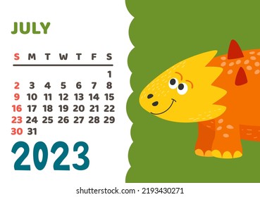 Cute dinosaur calendar template for children series. July