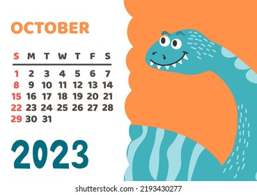 Cute dinosaur calendar template for children series. October