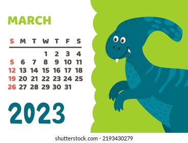 Cute dinosaur calendar template for children series. March