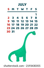 Cute dinosaur calendar template for children series. July
