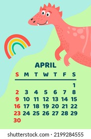 Cute dinosaur calendar vector template for children series. April