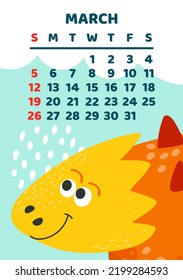 Cute dinosaur calendar vector template for children series. March