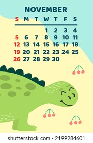 Cute dinosaur calendar vector template for children series. November