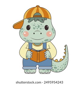 Cute dinosaur in a cap and overalls holds an open book in his hands. Character, flat style, child illustration on white background