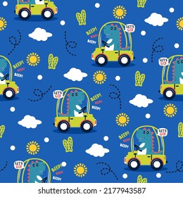 Cute dinosaur in car cartoon trendy pattern design concepts