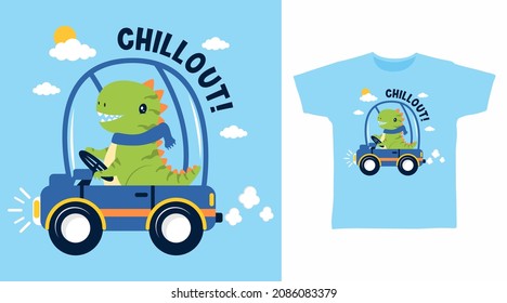 Cute dinosaur in car tee design concept