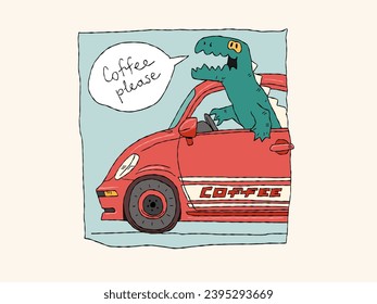 Cute dinosaur in car vector for tee print and background wallpaper  