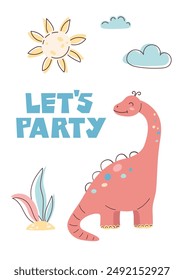 Cute Dinosaur Card. Happy Birthday Card. Postcards and posters for children. Vector illustration.