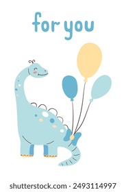 Cute Dinosaur Card. Happy Birthday Card. Postcards and posters for children. Vector illustration.