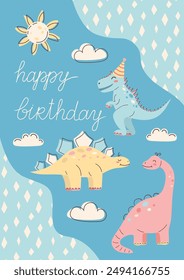 Cute Dinosaur Card. Happy Birthday Card. Postcards and posters for children. Vector illustration.