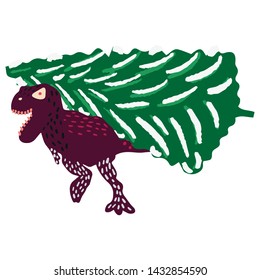 Cute dinosaur carry Christmas tree. Isolated cartoon character illustration.  T shirt, poster, greeting card design elements. Vector