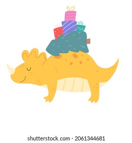 Cute dinosaur carrying christmas tree and gifts on the back.