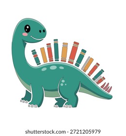 Dinosaurio lindo que lleva una pila de libros en su ilustración trasera de la historieta 