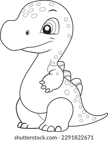 Cute Dinosaur cartoon. Black and white lines. Coloring page for kids. Activity Book. 