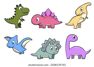 Cute dinosaur cartoon character set featuring colorful and happy dinos, perfect for kids. Includes T-Rex, pterodactyl, triceratops, and more. Isolated on white background.