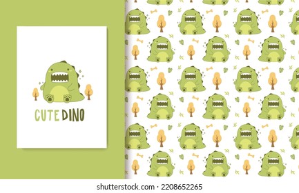 Cute dinosaur cartoon doodle pattern cute kid and baby seamless pattern and card