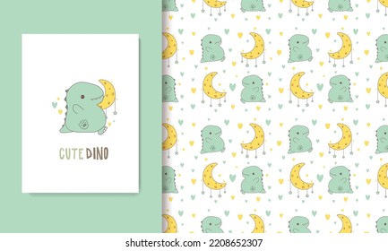 Cute dinosaur cartoon doodle pattern cute kid and baby seamless pattern and card